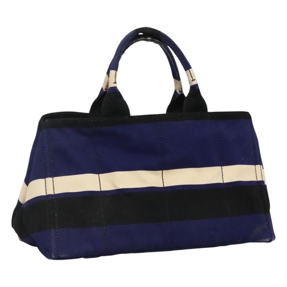 PRADA Canapa GM Hand Bag Canvas Blue Gold Auth EC334